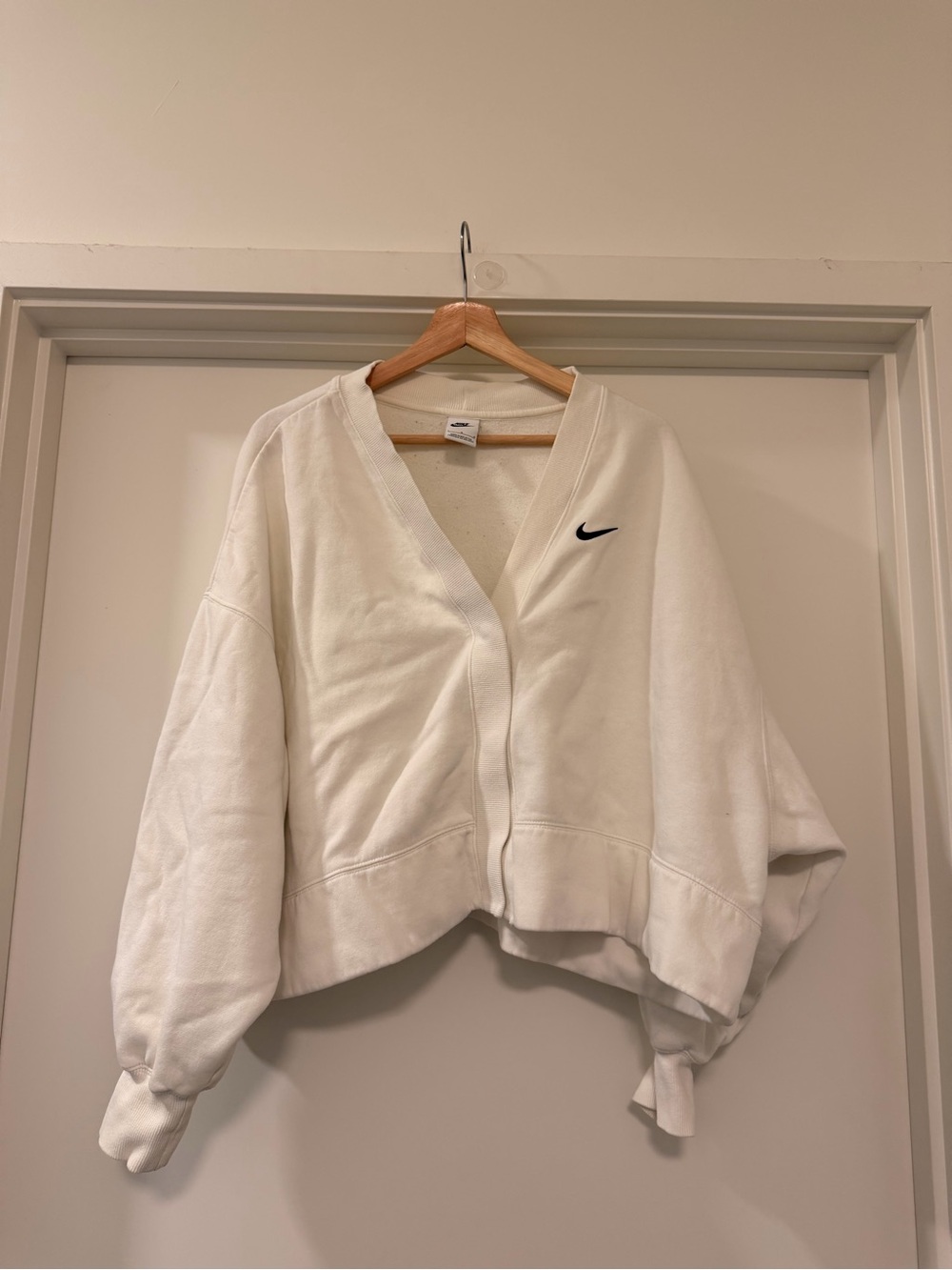 Nike White Cropped V-Neck Bomber sweater with Swoosh